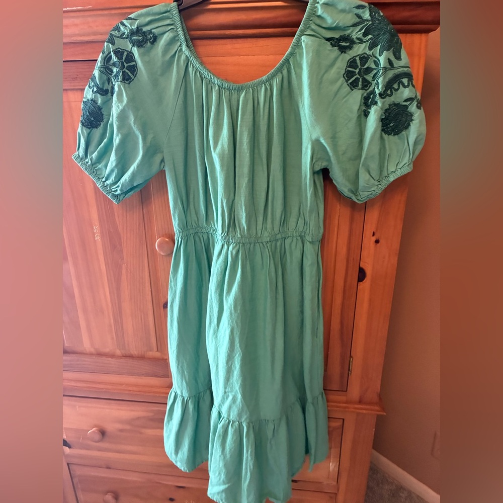 Women’s Green Embroidered Puff-Sleeve Dress